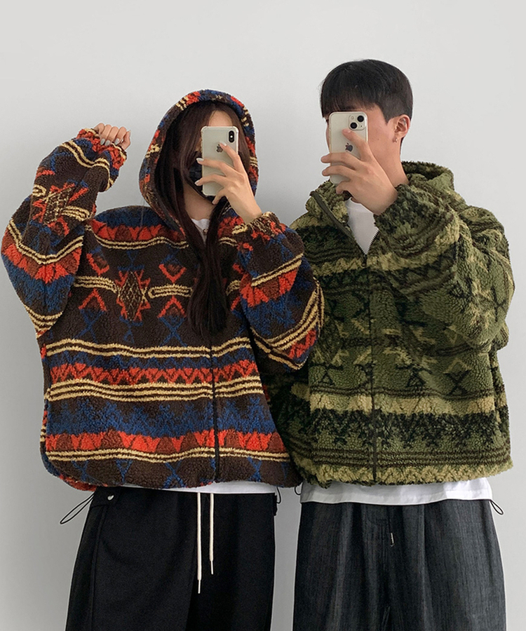 노르딕 후리스 오버핏 벌룬 패턴 스트링 후드 집업