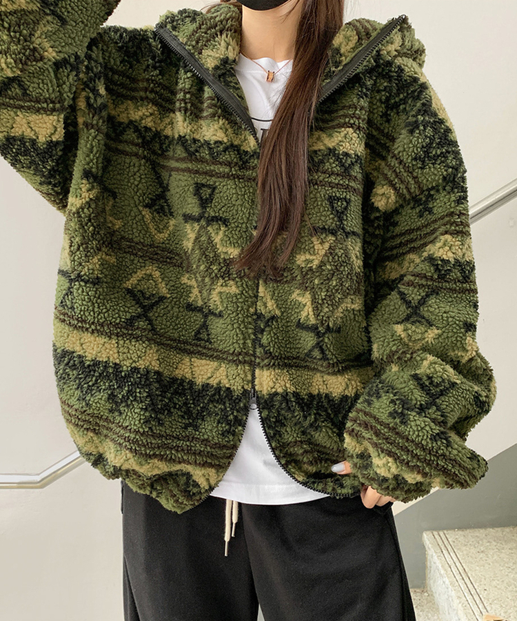 노르딕 후리스 오버핏 벌룬 패턴 스트링 후드 집업