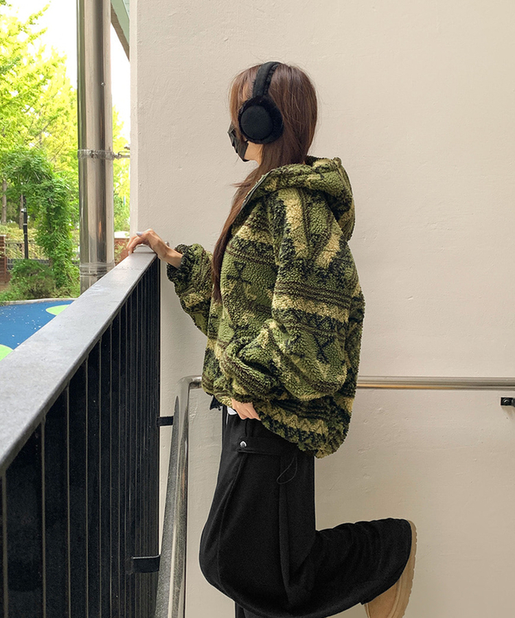 노르딕 후리스 오버핏 벌룬 패턴 스트링 후드 집업