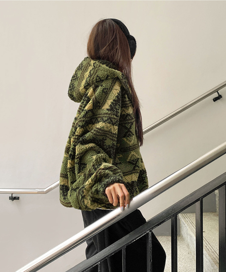 노르딕 후리스 오버핏 벌룬 패턴 스트링 후드 집업