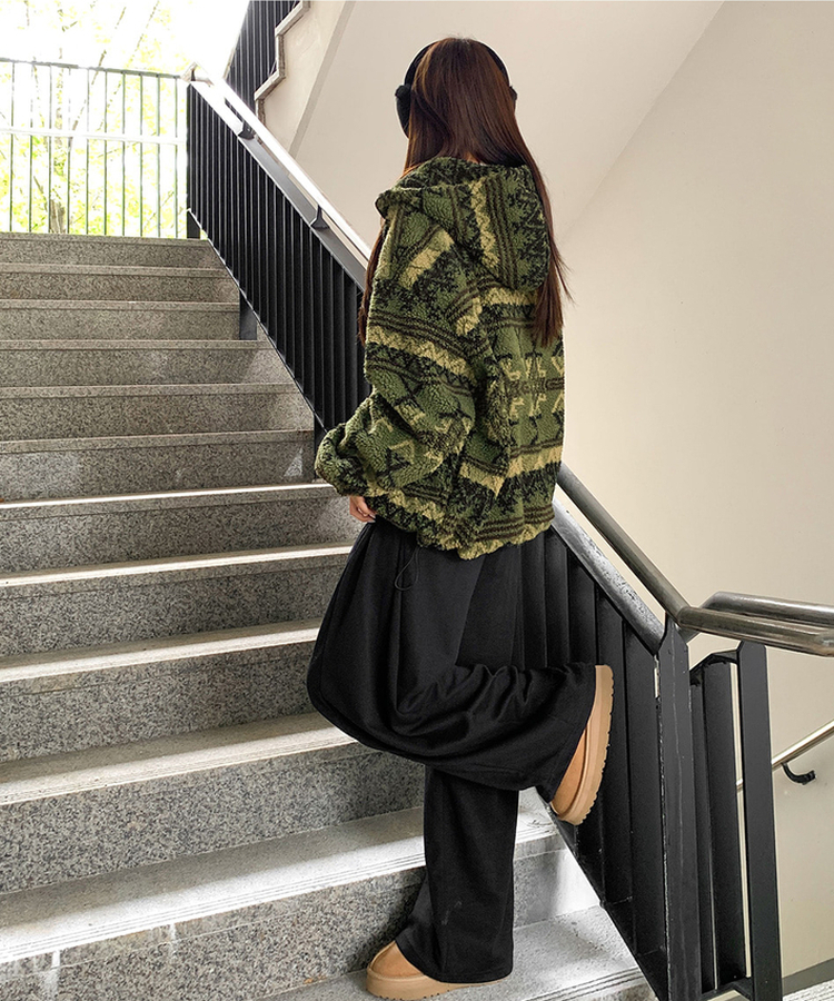 노르딕 후리스 오버핏 벌룬 패턴 스트링 후드 집업