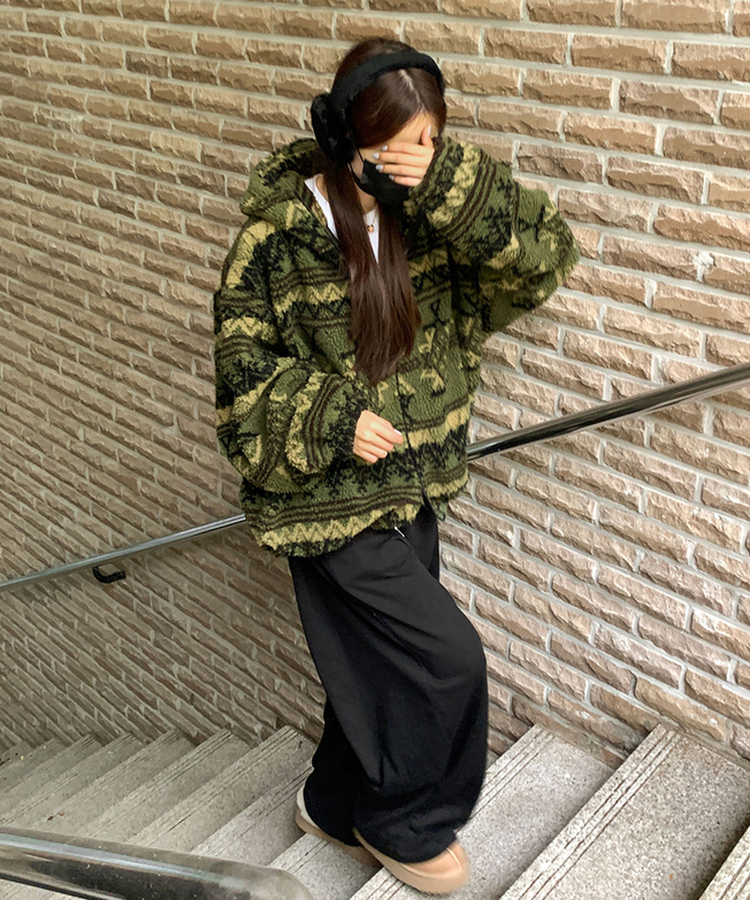 노르딕 후리스 오버핏 벌룬 패턴 스트링 후드 집업