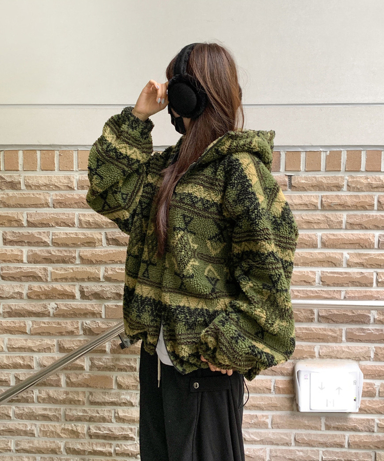 노르딕 후리스 오버핏 벌룬 패턴 스트링 후드 집업