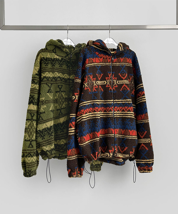 노르딕 후리스 오버핏 벌룬 패턴 스트링 후드 집업