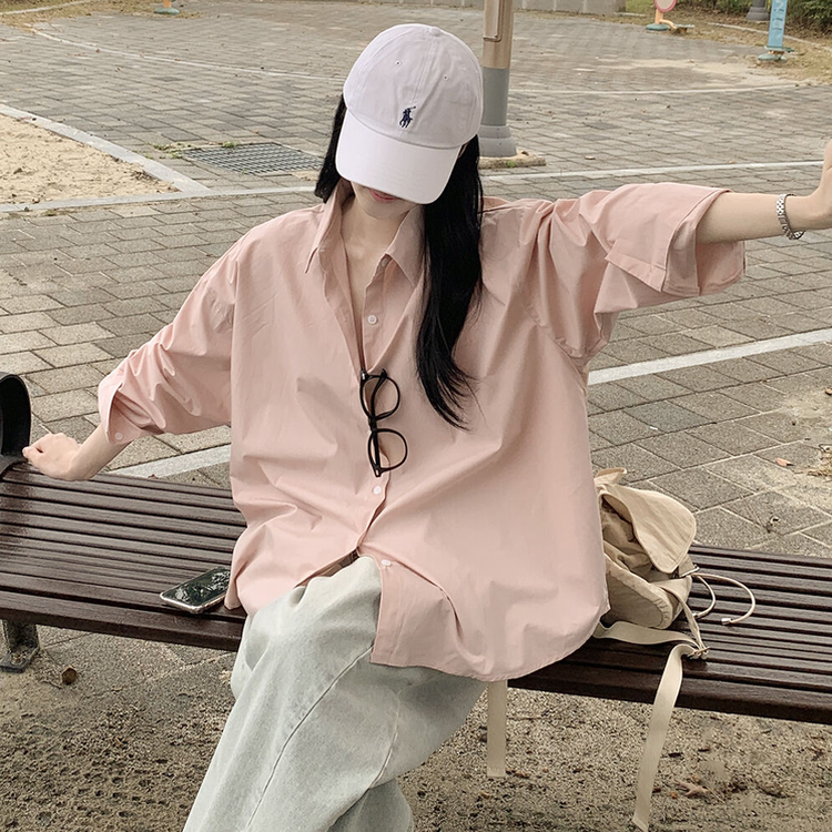 딸기크림 바스락 코튼 베이직 기본 긴팔셔츠 빅사이즈 레이어드템 핑크