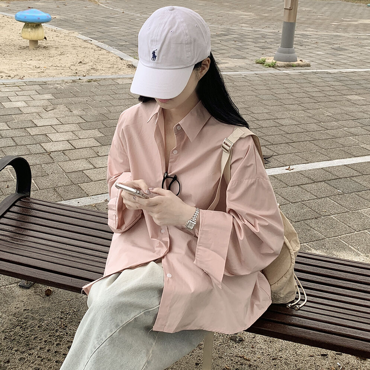 딸기크림 바스락 코튼 베이직 기본 긴팔셔츠 빅사이즈 레이어드템 핑크