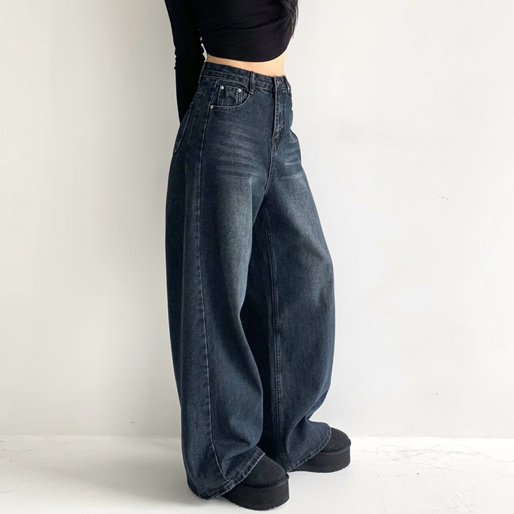 ビンテージウォッシングハイウエストデニムパンツ NAVY