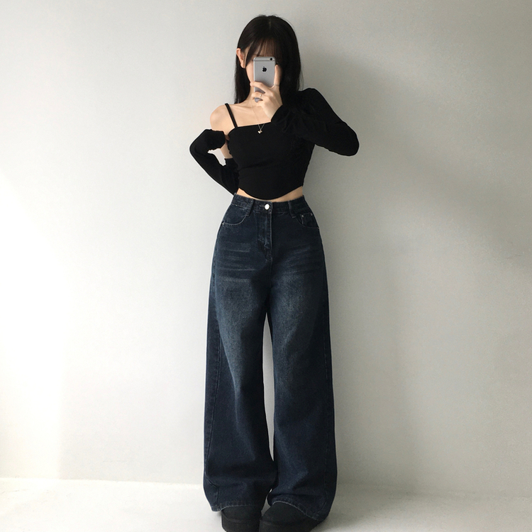 ビンテージウォッシングハイウエストデニムパンツ NAVY