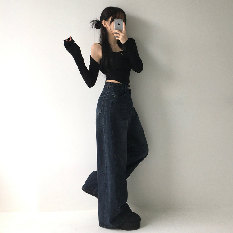 ビンテージウォッシングハイウエストデニムパンツ NAVY