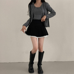 レインレースプリーツミニスカート BLACK