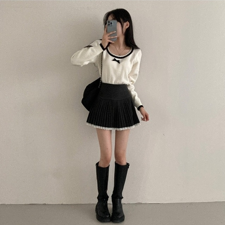 레인 레이스 플리츠 미니 스커트 그레이