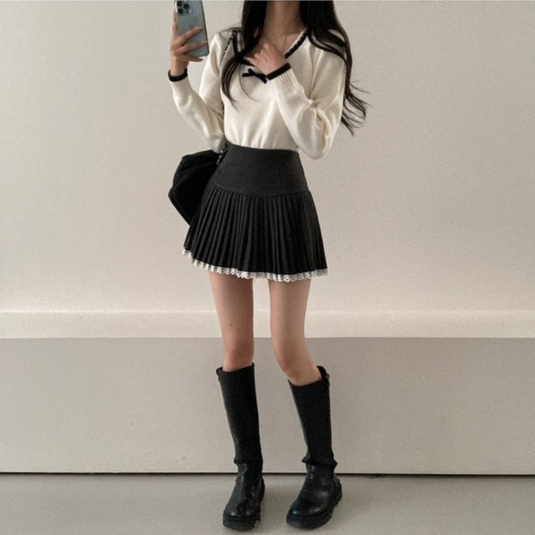 레인 레이스 플리츠 미니 스커트 그레이