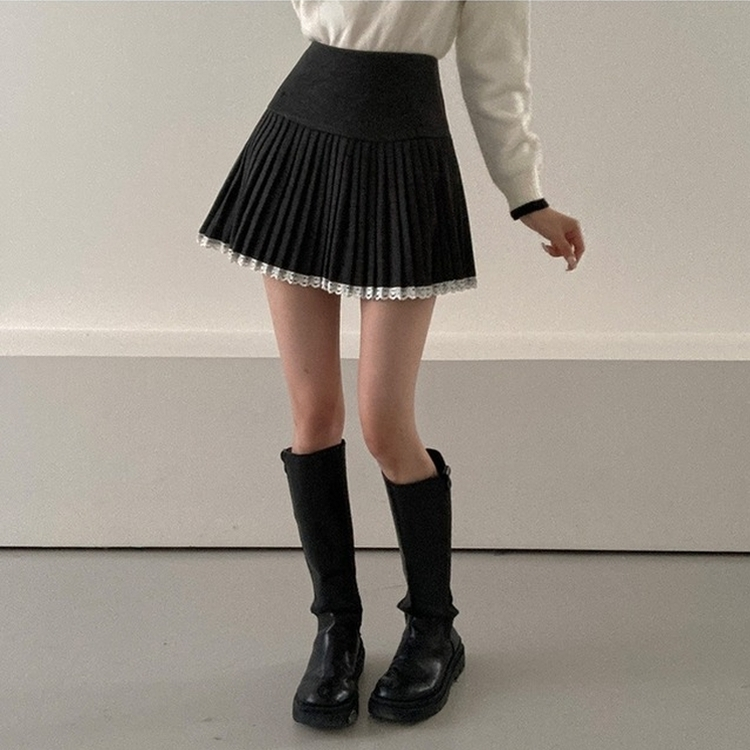 레인 레이스 플리츠 미니 스커트 그레이