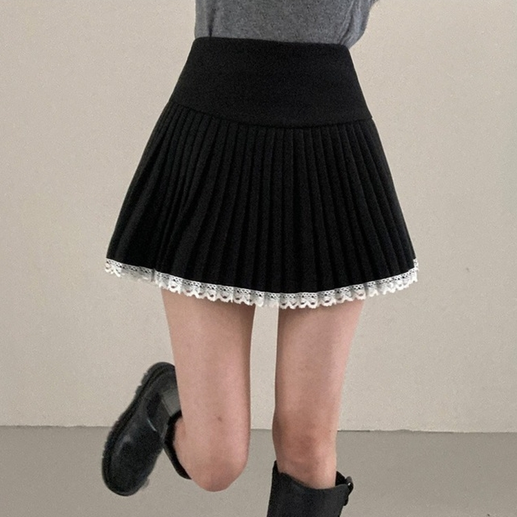 레인 레이스 플리츠 미니 스커트 블랙