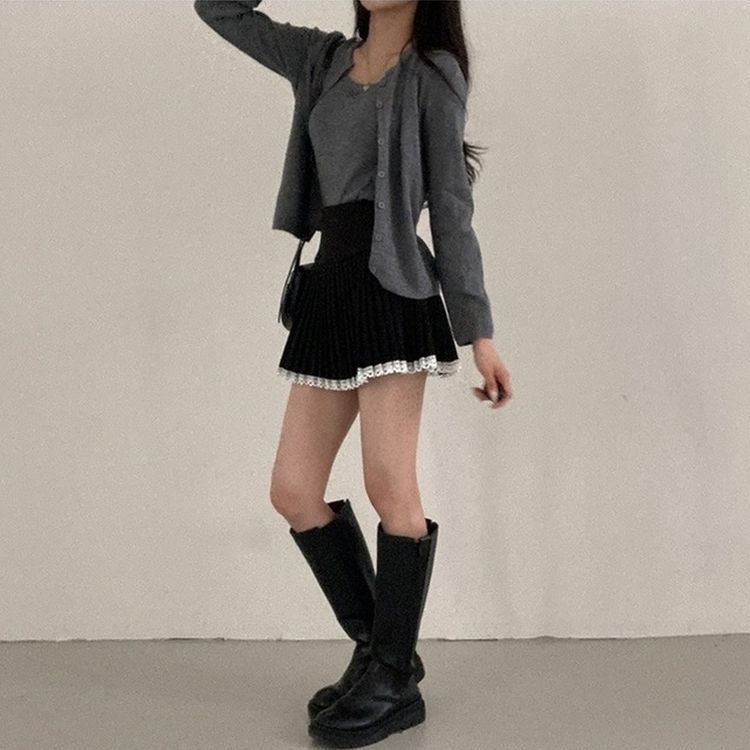 레인 레이스 플리츠 미니 스커트 블랙