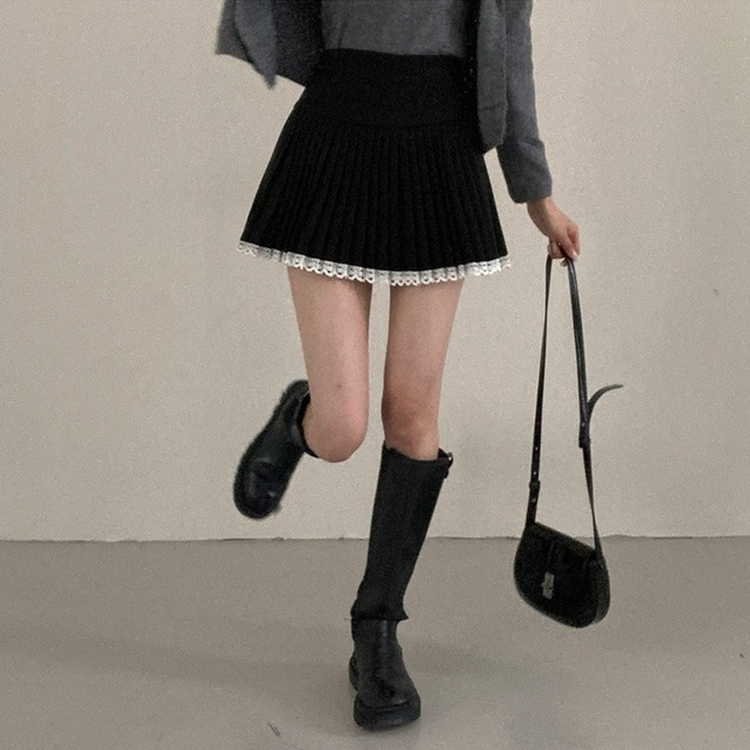 레인 레이스 플리츠 미니 스커트 블랙