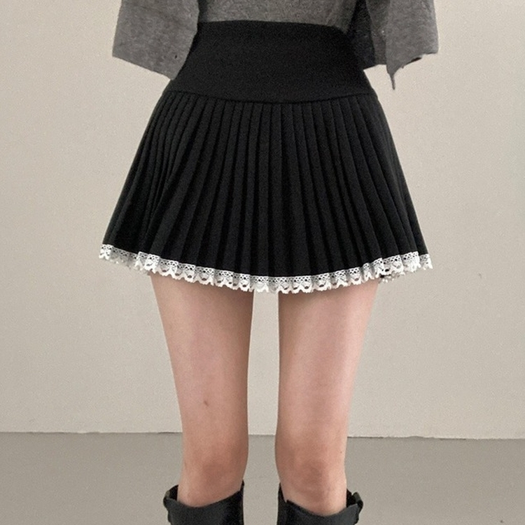 レインレースプリーツミニスカート BLACK