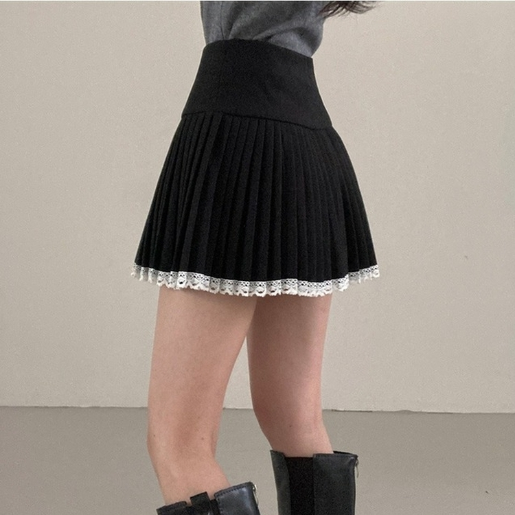 レインレースプリーツミニスカート BLACK