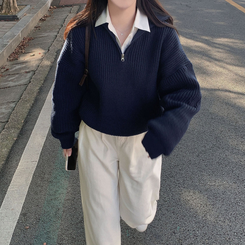 어라운드 하찌반집업 루즈핏 카라 니트 5color 네이비