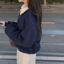 어라운드 하찌반집업 루즈핏 카라 니트 5color 네이비