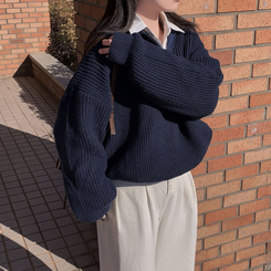 어라운드 하찌반집업 루즈핏 카라 니트 5color 네이비