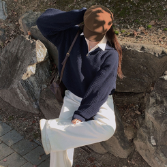 어라운드 하찌반집업 루즈핏 카라 니트 5color 네이비