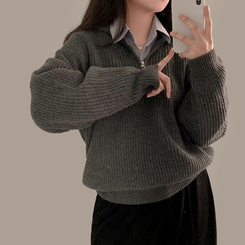 어라운드 하찌반집업 루즈핏 카라 니트 5color 차콜