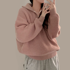 어라운드 하찌반집업 루즈핏 카라 니트 5color 핑크