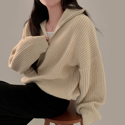 어라운드 하찌반집업 루즈핏 카라 니트 5color 연베이지