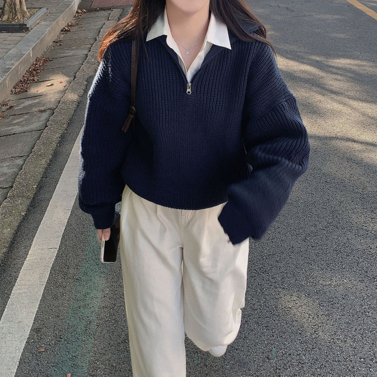 어라운드 하찌반집업 루즈핏 카라 니트 5color 네이비