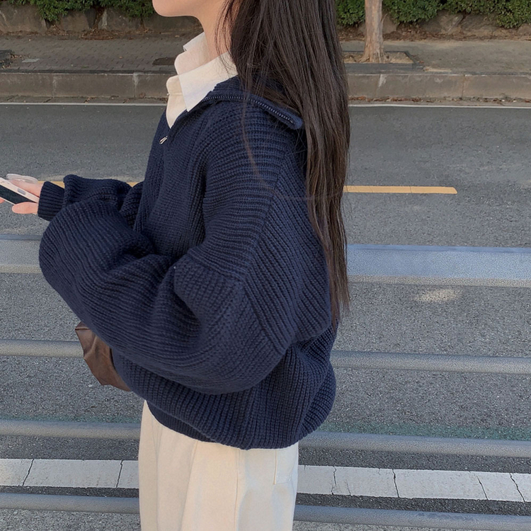 어라운드 하찌반집업 루즈핏 카라 니트 5color 네이비
