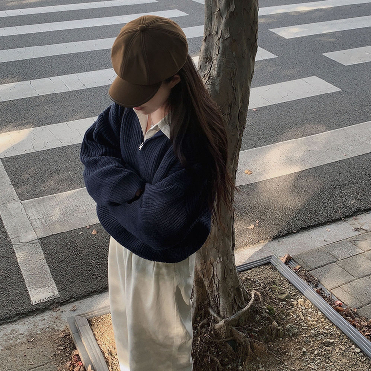 어라운드 하찌반집업 루즈핏 카라 니트 5color 네이비