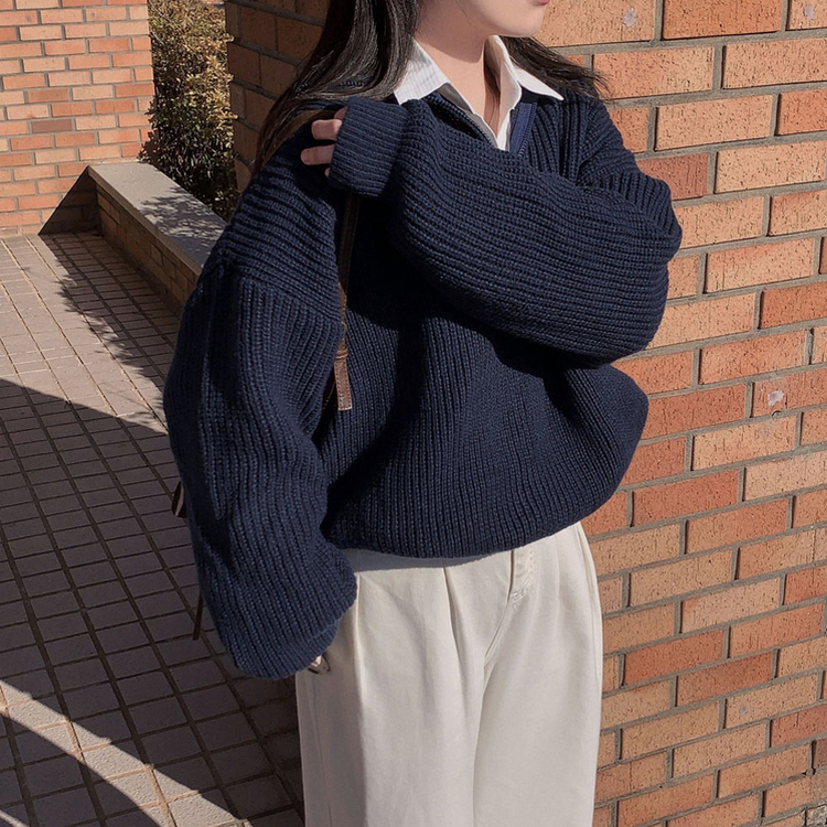 어라운드 하찌반집업 루즈핏 카라 니트 5color 네이비