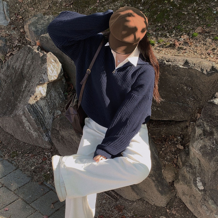 어라운드 하찌반집업 루즈핏 카라 니트 5color 네이비