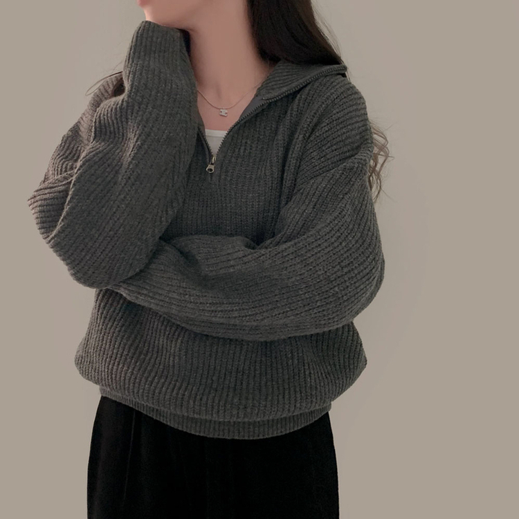 어라운드 하찌반집업 루즈핏 카라 니트 5color 차콜