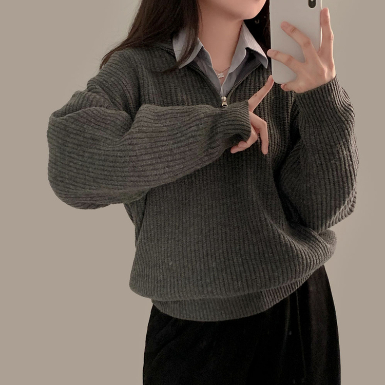 어라운드 하찌반집업 루즈핏 카라 니트 5color 차콜