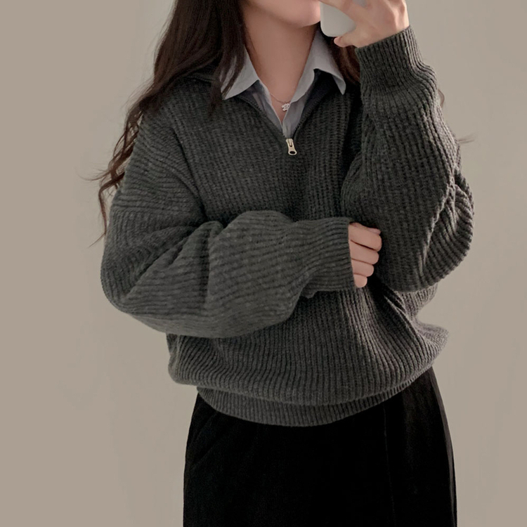 어라운드 하찌반집업 루즈핏 카라 니트 5color 차콜