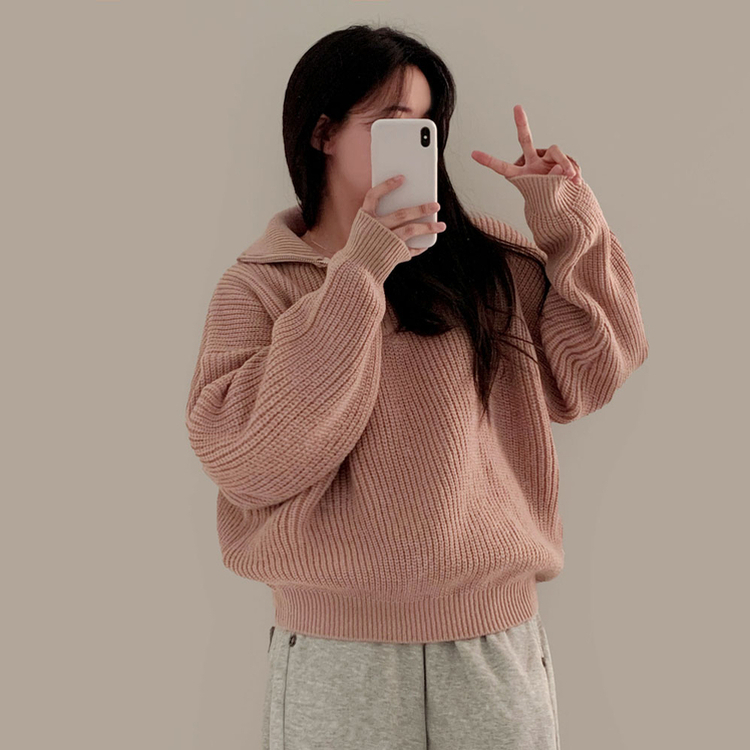 어라운드 하찌반집업 루즈핏 카라 니트 5color 핑크