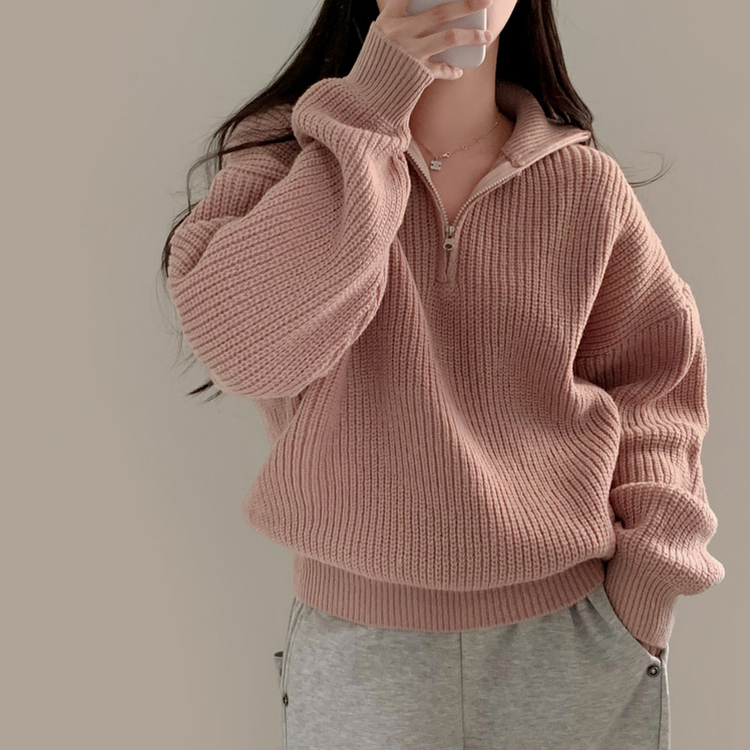 어라운드 하찌반집업 루즈핏 카라 니트 5color 핑크