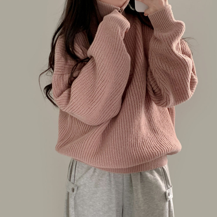 어라운드 하찌반집업 루즈핏 카라 니트 5color 핑크