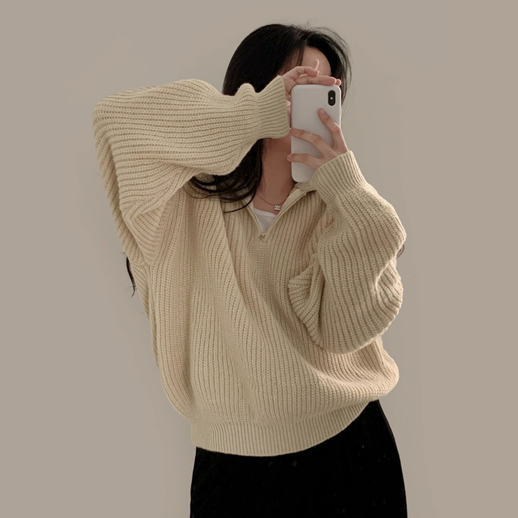 어라운드 하찌반집업 루즈핏 카라 니트 5color 연베이지