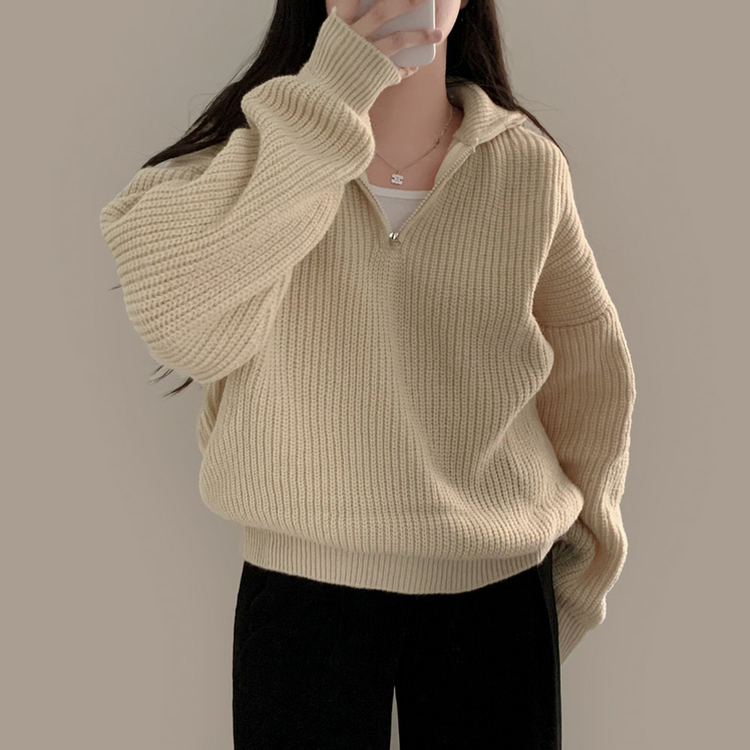 어라운드 하찌반집업 루즈핏 카라 니트 5color 연베이지