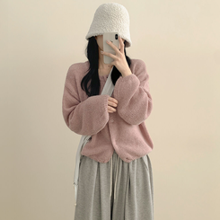 슈크림 알파카 라운드 러블리 벌룬 니트 울가디건 핑크