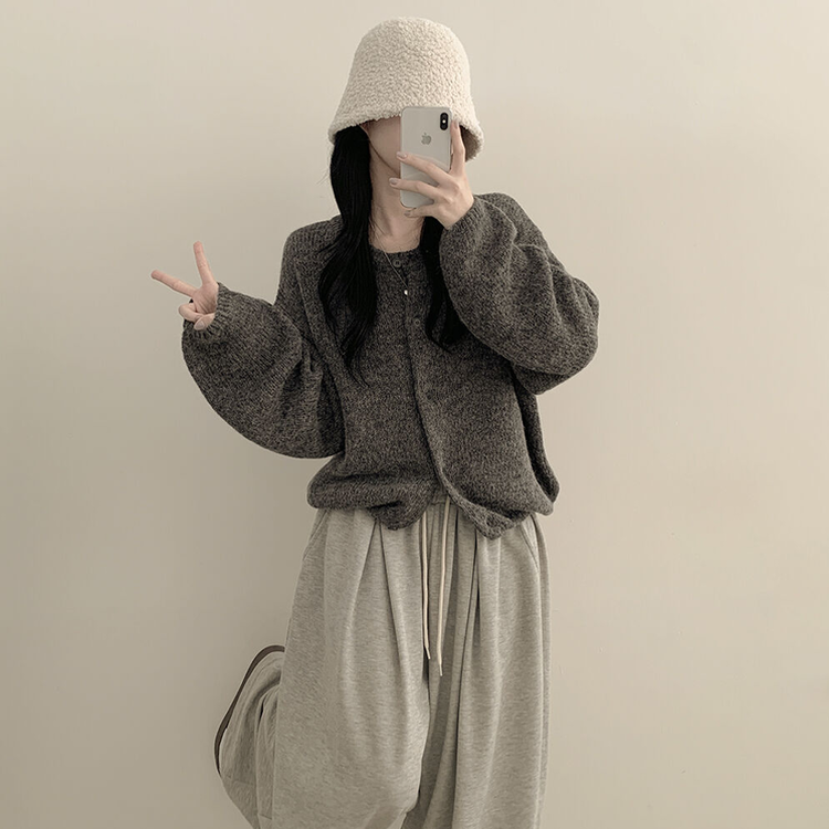 슈크림 알파카 라운드 러블리 벌룬 니트 울가디건 차콜