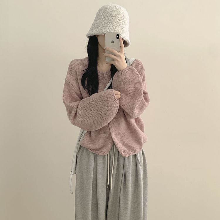 슈크림 알파카 라운드 러블리 벌룬 니트 울가디건 핑크