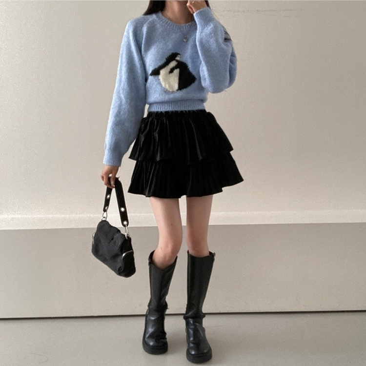 SSK19885 プリンベルベットプリーツティアードミニスカート ミニ