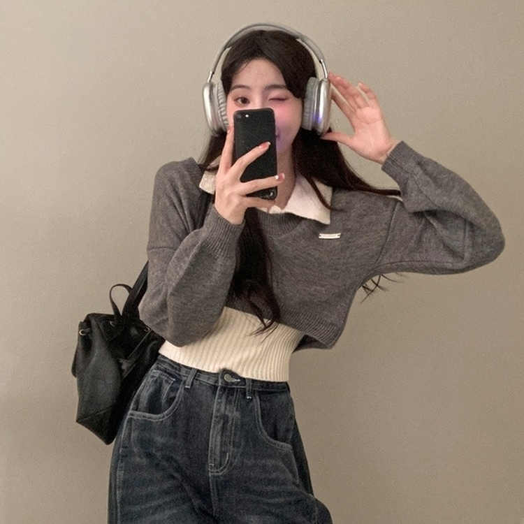 도아 패치 카라 크롭 니트 투피스 세트 그레이