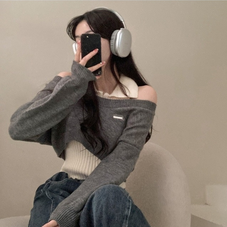 도아 패치 카라 크롭 니트 투피스 세트 그레이