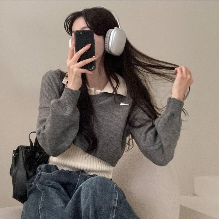 도아 패치 카라 크롭 니트 투피스 세트 그레이