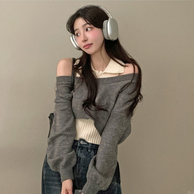 도아 패치 카라 크롭 니트 투피스 세트 그레이